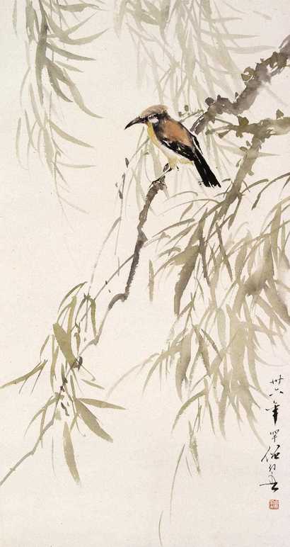 黄幻吾 柳枝雀鸣图 立轴